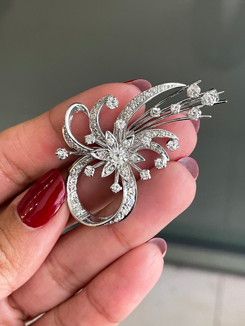 Vintage Old Cut Diamond Platinum Spray Brooch, Circa 1950s