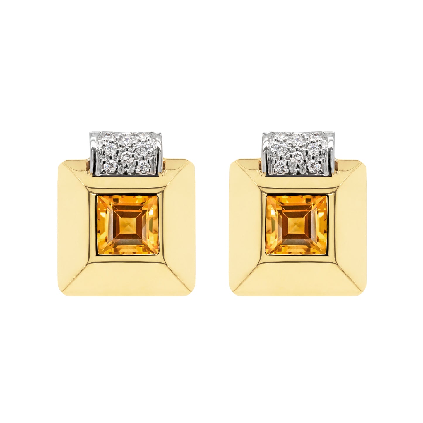 Retro Citrine and Diamond 18 Carat Gold Square Stud Earrings