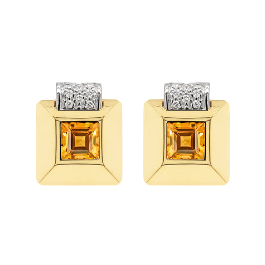 Retro Citrine and Diamond 18 Carat Gold Square Stud Earrings