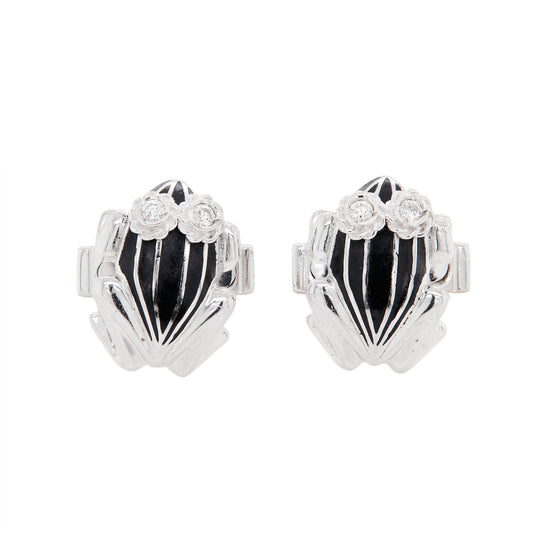 Black Enamel and Diamond 18 Carat White Gold Frog Cufflinks