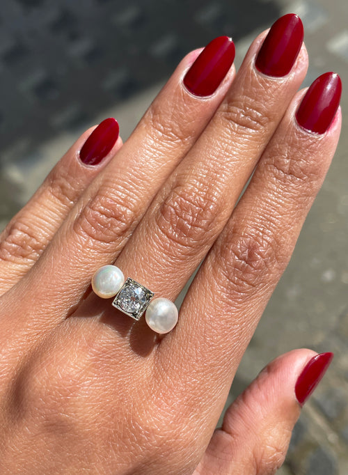 Antique Old Cut Diamond and Natural Pearl 18 Carat White Gold Ring, Circa 1920s