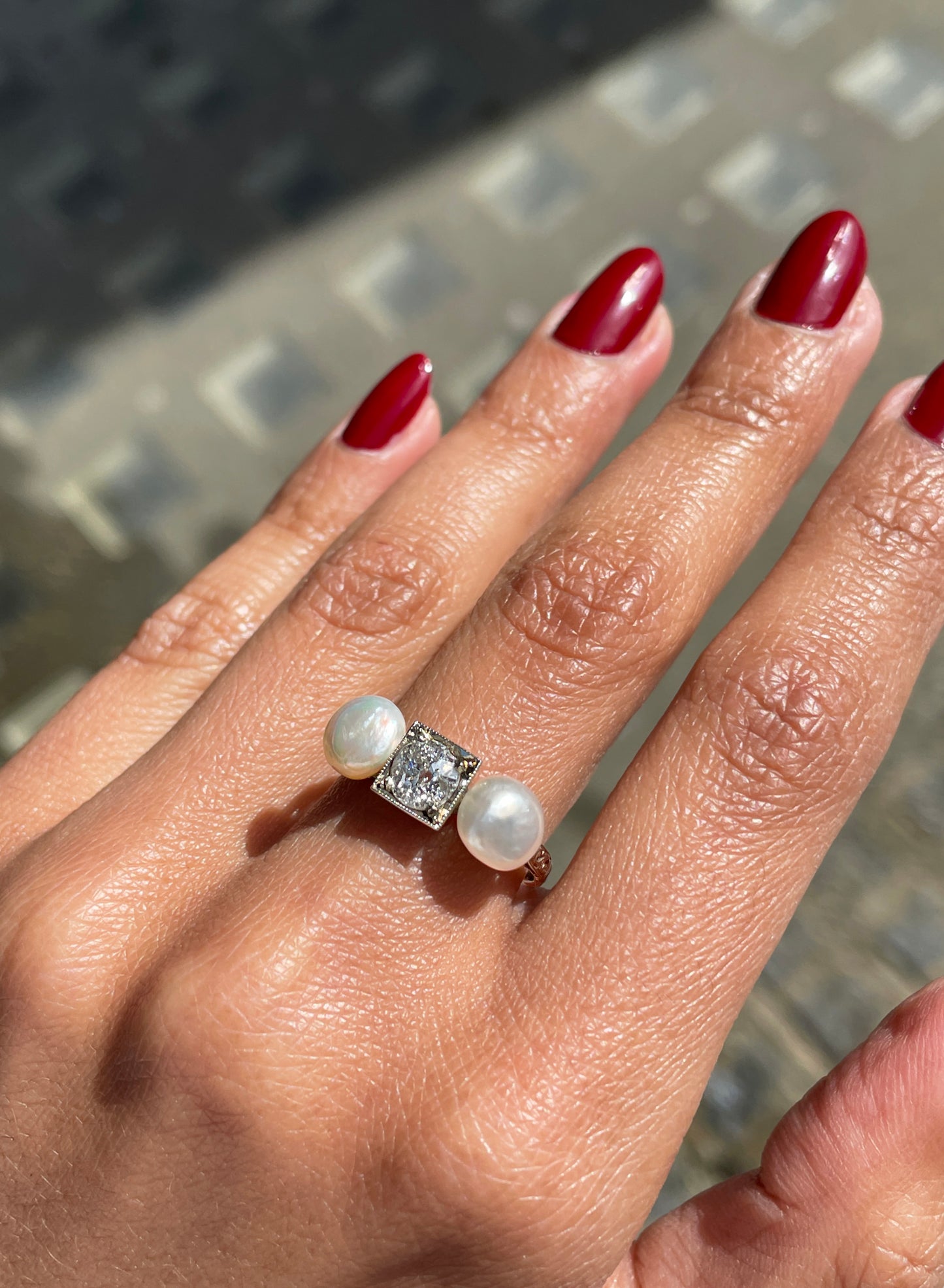 Antique Old Cut Diamond and Natural Pearl 18 Carat White Gold Ring, Circa 1920s on womens finger