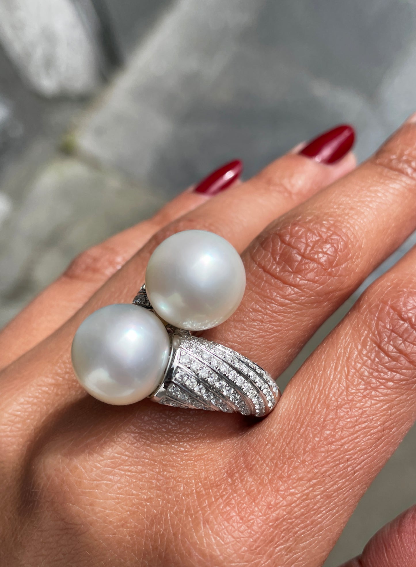 Pearl and Diamond 18 Carat white Gold Crossover Cocktail Ring