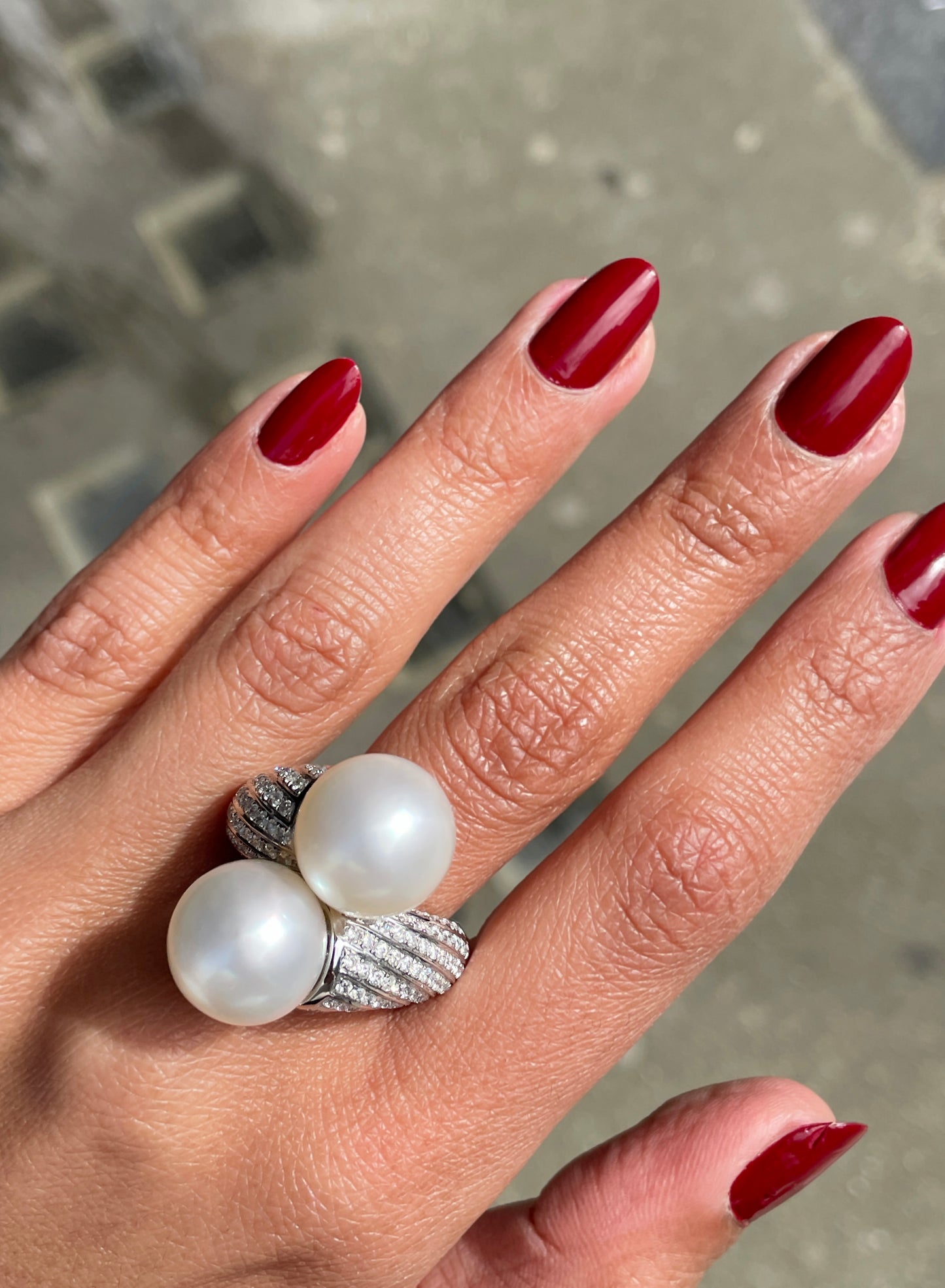 Pearl and Diamond 18 Carat white Gold Crossover Cocktail Ring
