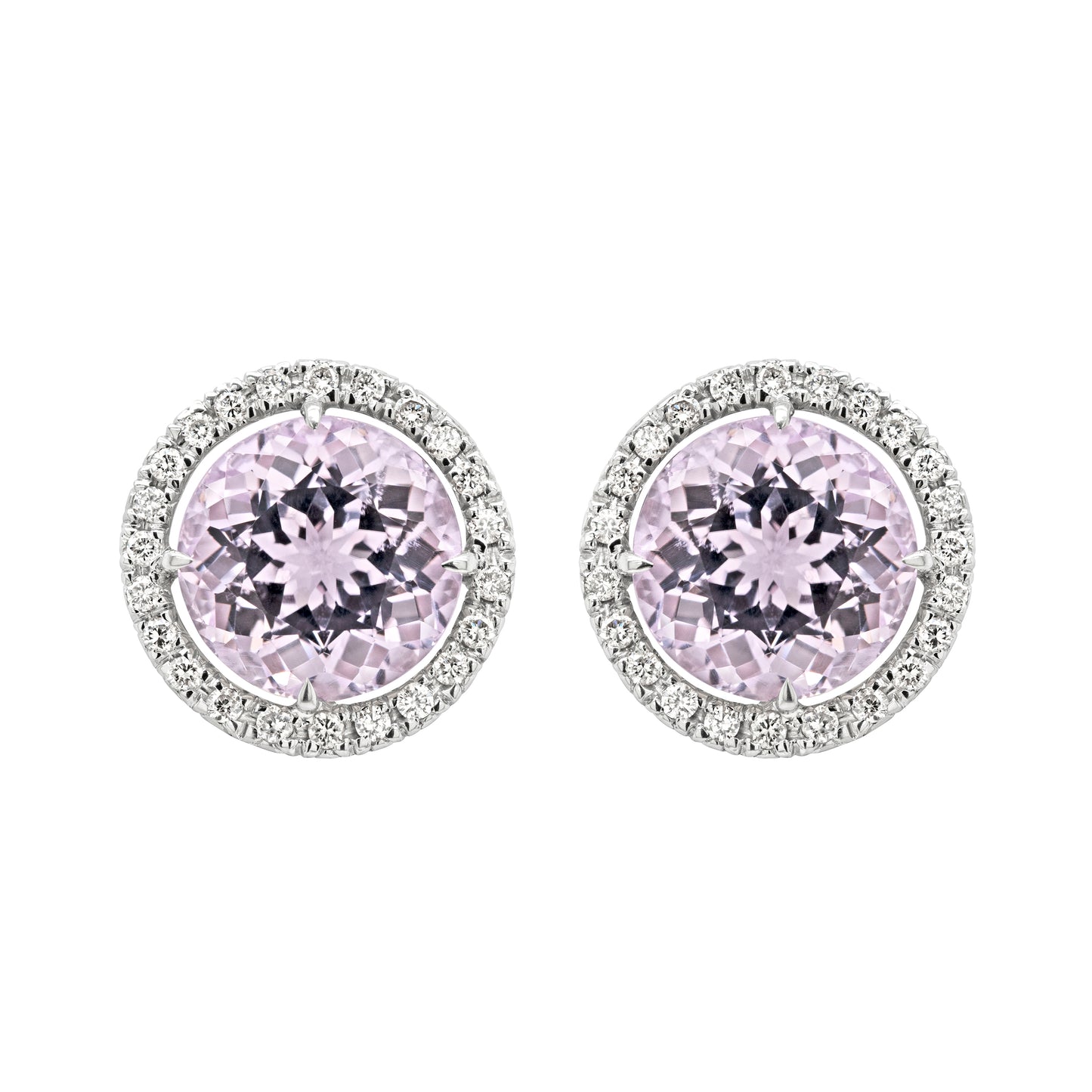Kunzite and Diamond 18 Carat White Gold Halo Cluster Stud Earrings
