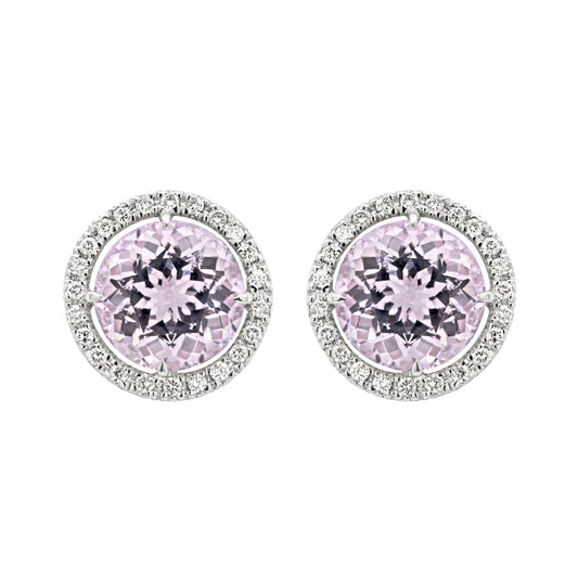 Kunzite and Diamond 18 Carat White Gold Halo Cluster Stud Earrings