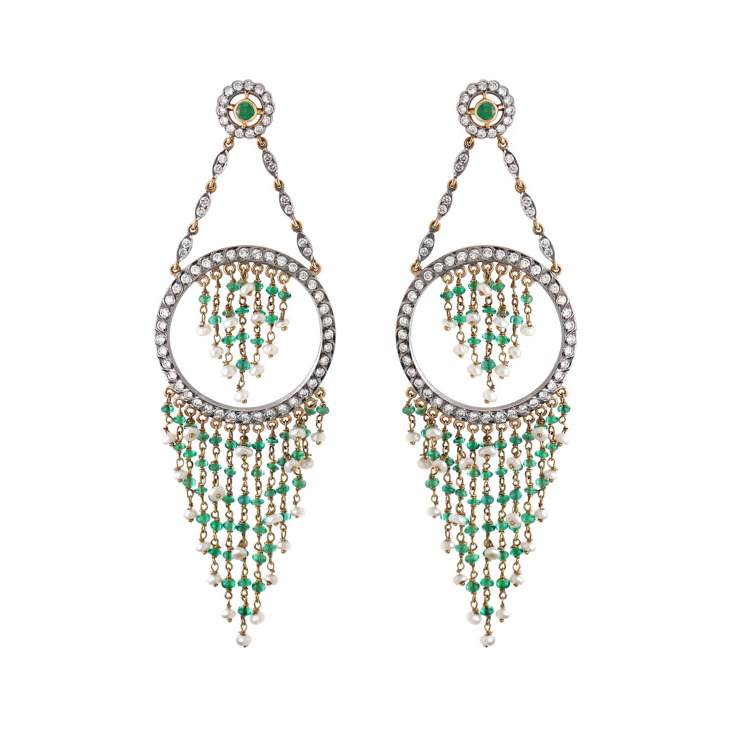 Pearl, Emerald and Diamond 18 Carat Gold Cascade Chandelier Earrings