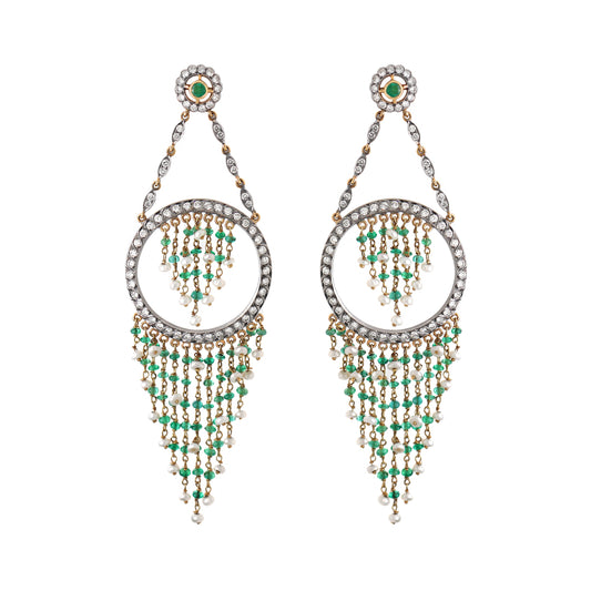 Pearl, Emerald and Diamond 18 Carat Gold Cascade Chandelier Earrings