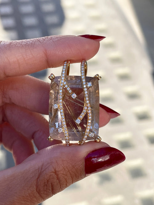 Rutilated Quartz and Diamond 18 Carat Yellow Gold Statement Pendant