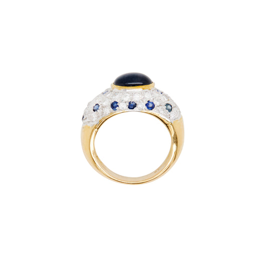 Oval Cabochon Blue Sapphire & Diamond Cluster Dome Dress Ring in 18 Carat Gold