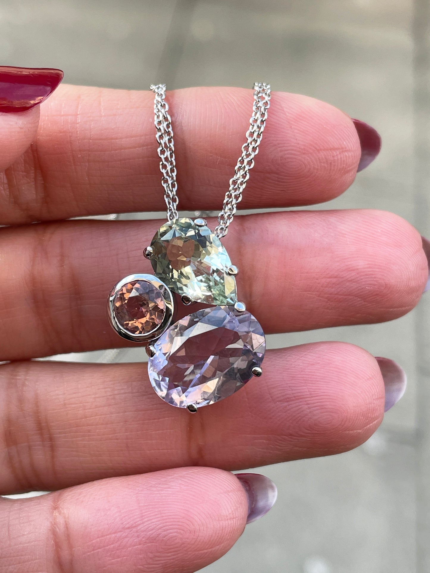 Amethyst and Tourmaline 18 Carat White Gold Earrings and Pendant Necklace Set
