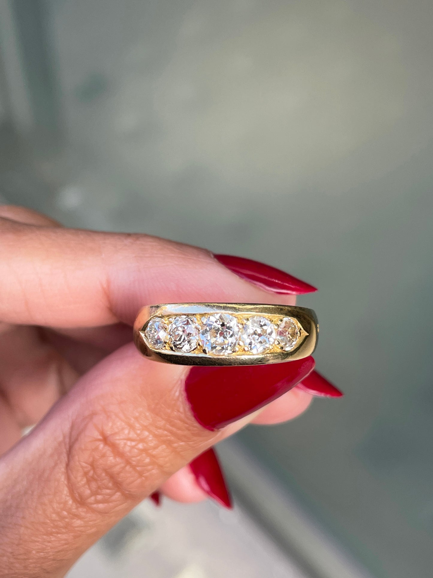 Antique Old Cut Diamond 18 Carat Yellow Gold Five Stone Ring, 1886