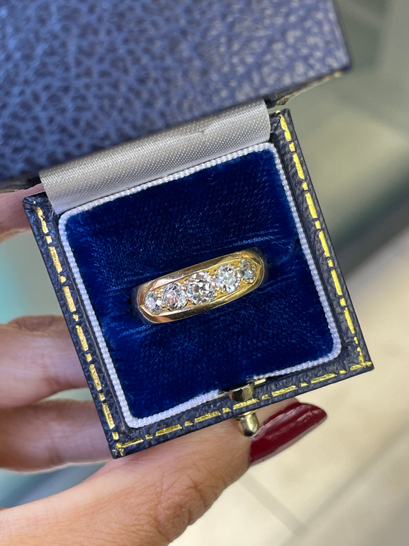 Antique Old Cut Diamond 18 Carat Yellow Gold Five Stone Ring, 1886 in box