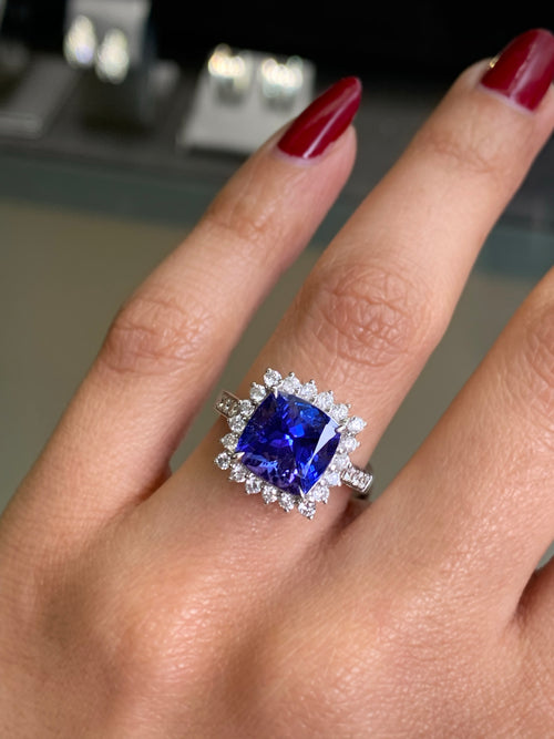4.20 Carat Cushion Tanzanite and Diamond 18 Carat White Gold Ring