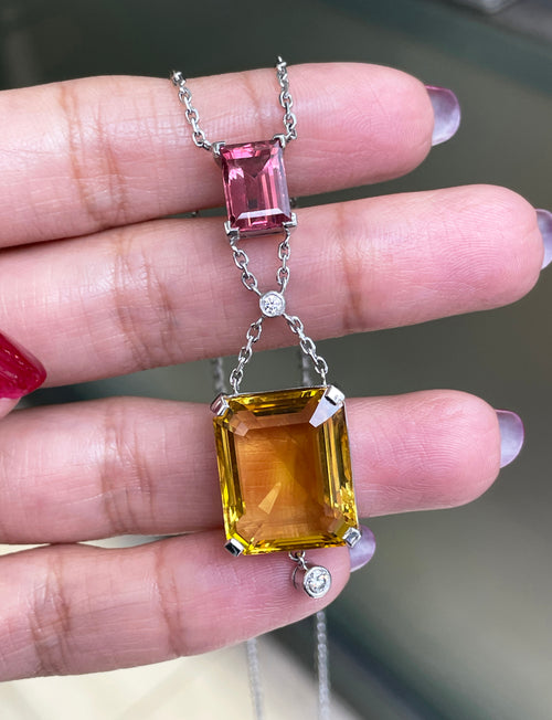 Diamond, Yellow Beryl and Pink Spinel 18 Carat White Gold Pendant Necklace