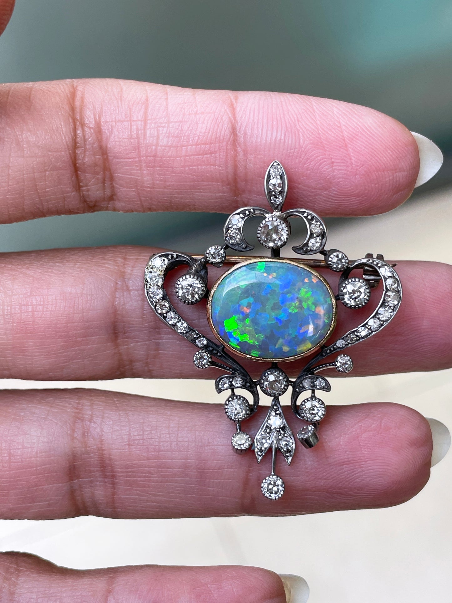 Antique Black Opal and Old Mine Cut Diamond Silver on Gold Brooch, circa 1880