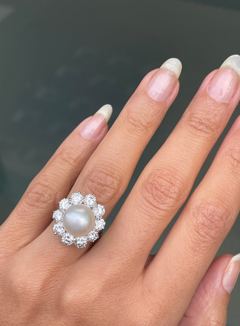 South Sea Pearl and Diamond 18 Carat White Gold Cluster Flower Engagement Ring