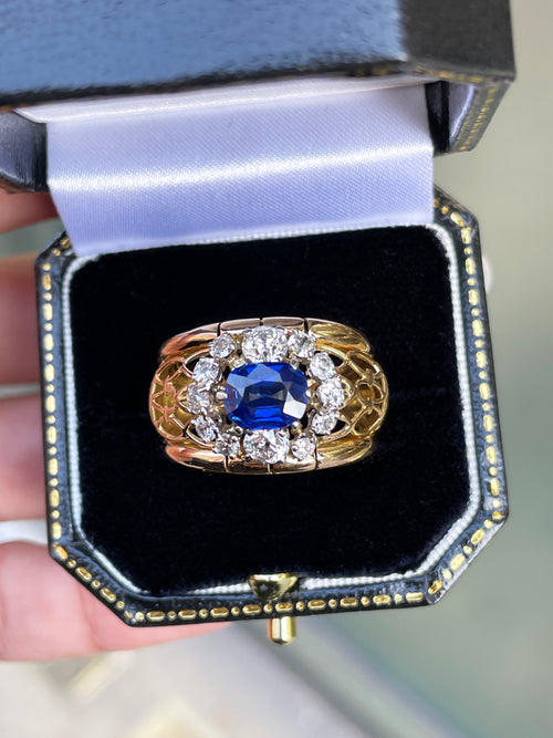1.49ct Natural Unheated Blue Sapphire & Diamond 18K Gold Dress Ring, c.1940s