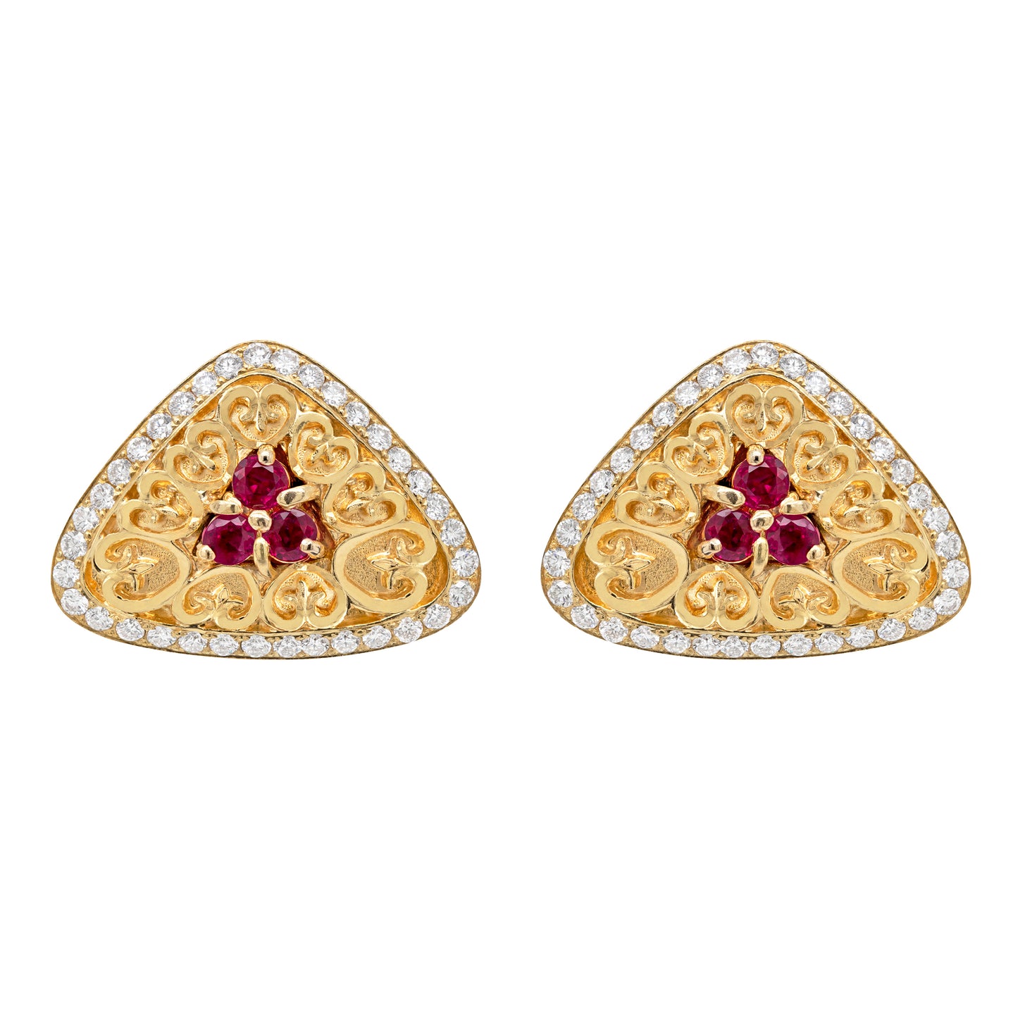 Ruby and Diamond 18 Carat Yellow Gold Triangular Earrings