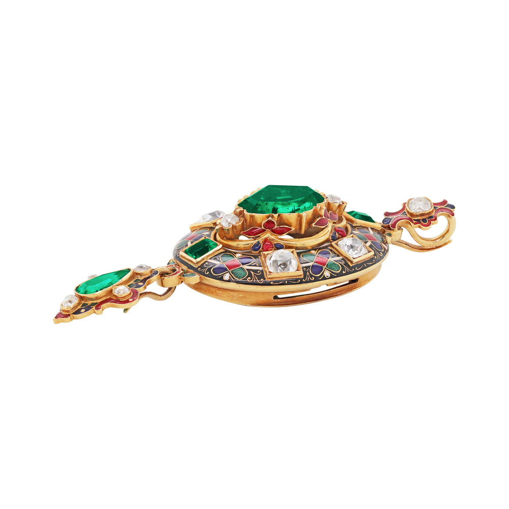 Victorian Holbeinesque Emerald and Diamond 18K Gold Pendant