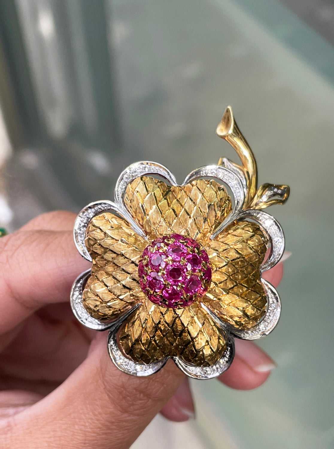 Vintage Ruby and Diamond 18 Carat White & Yellow Gold Flower Brooch