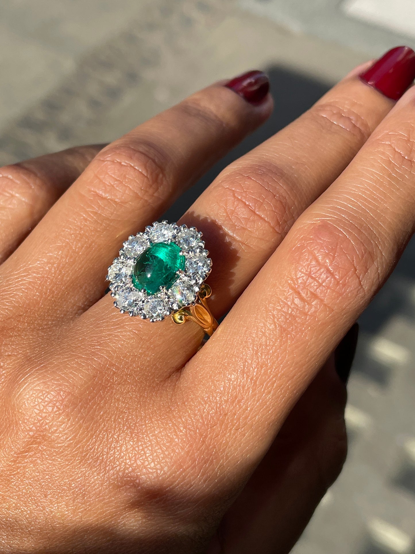 Vintage Cabochon Emerald and Diamond Cluster 18 Carat Gold Engagement Ring, 1974