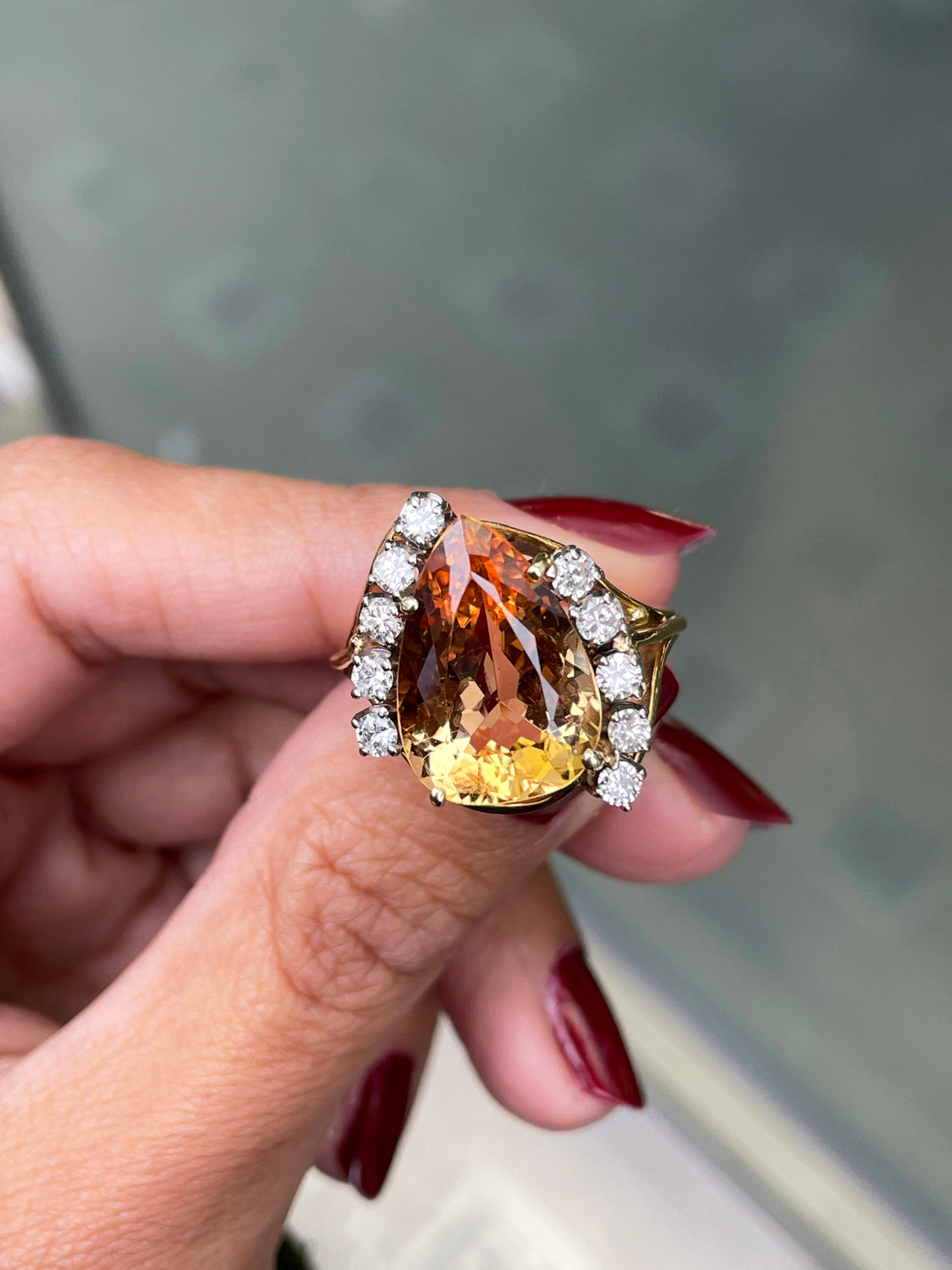 Pear Shape Imperial Topaz and Diamond 18 Carat White & Yellow Gold Cocktail Ring