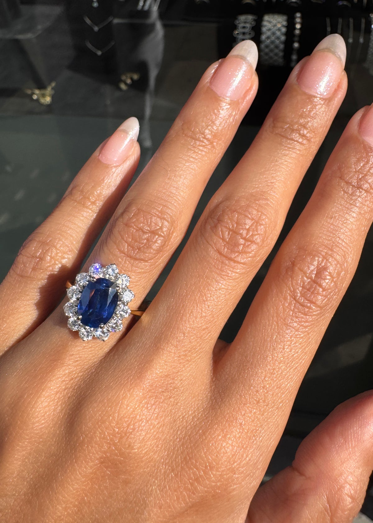 Blue Sapphire and Diamond Halo 18K White and Yellow Gold Cluster Engagement Ring