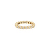 A yellow gold full eternity stacking ring with round brilliant cut diamonds set around its circumference.