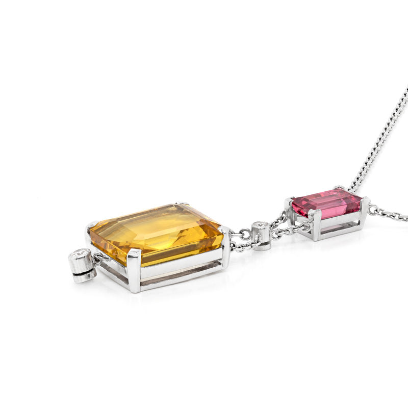 Diamond, Yellow Beryl and Pink Spinel 18 Carat White Gold Pendant Necklace