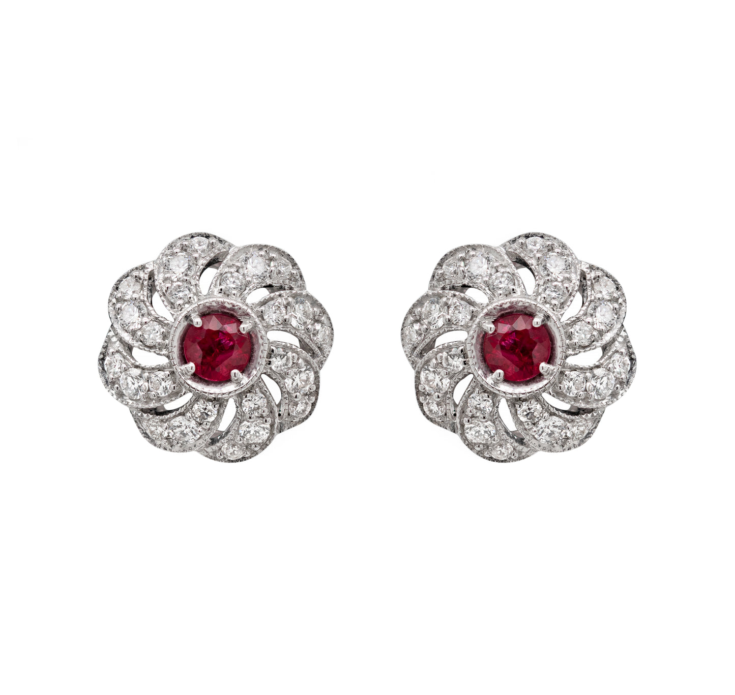 Ruby and Diamond 18 Carat White Gold Floral Earrings and Necklace Set