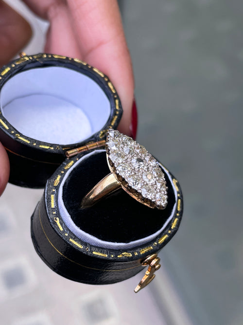 Old Cut Diamond Marquise 18 Carat Gold Cluster Ring