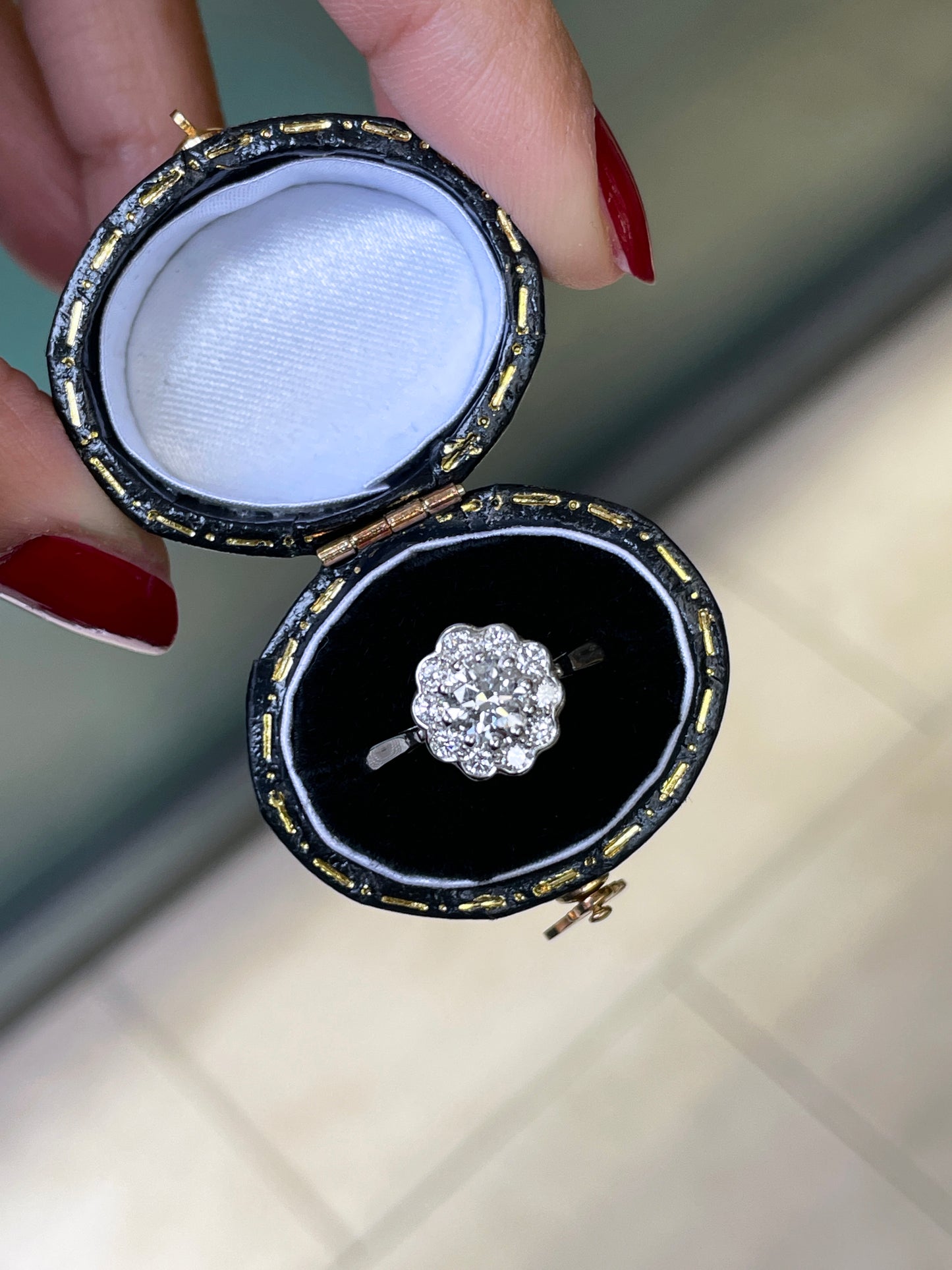 A round brilliant cut diamond ring with smaller round brilliant cut diamonds set in a daisy cluster design, mounted in a platinum band in its case