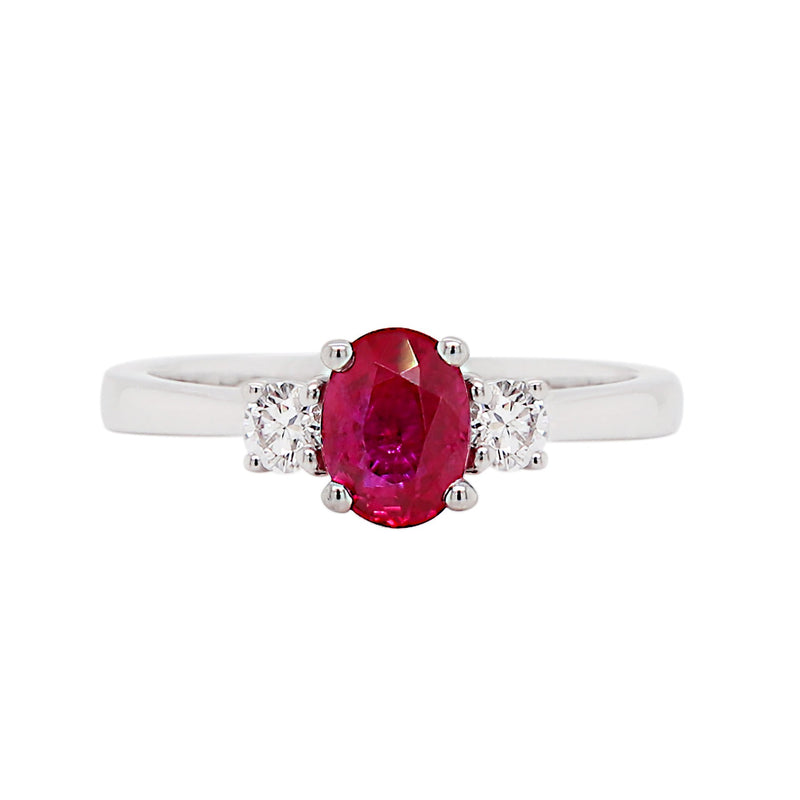 Natural Unheated Oval Ruby and Diamond 18 Carat Gold Three Stone Engagement Ring