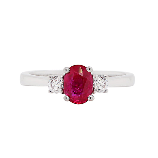 Natural Unheated Oval Ruby and Diamond 18 Carat Gold Three Stone Engagement Ring