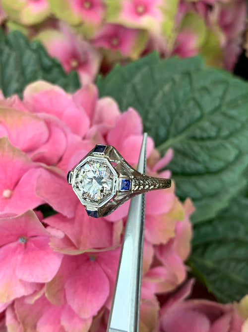 1.14 Carat Diamond 18 Carat White Gold Deco Target Engagement Ring, Circa 1930's