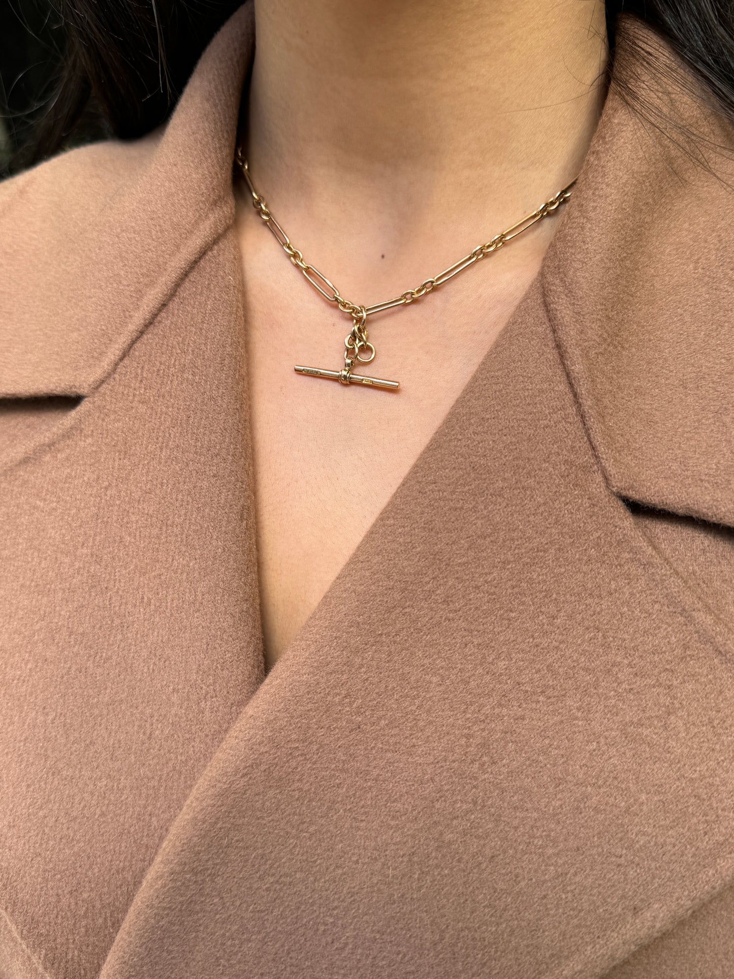 Antique 9 Carat Rose Gold Fob Watch Link Chain with T-bar, circa 1920s