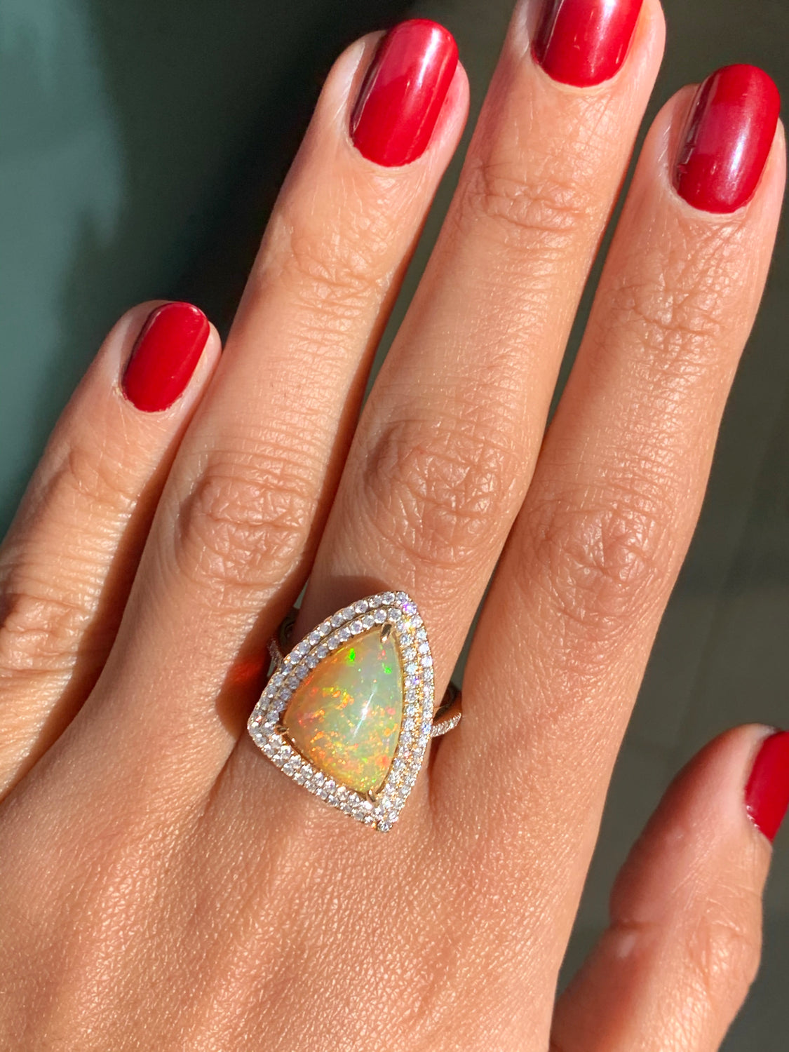 3.30ct Trilliant Cabochon Opal and Diamond 18ct Gold Cocktail Ring