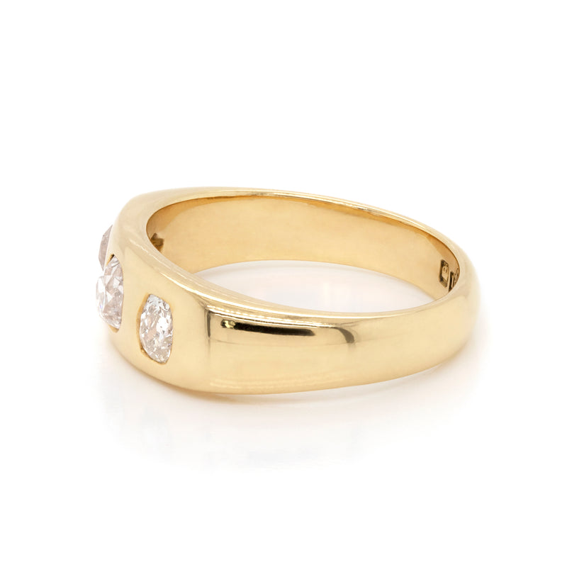 antique gents ring, dating from 1919, features three old mine cut diamonds with a total carat weight of 1.04 carats - side view