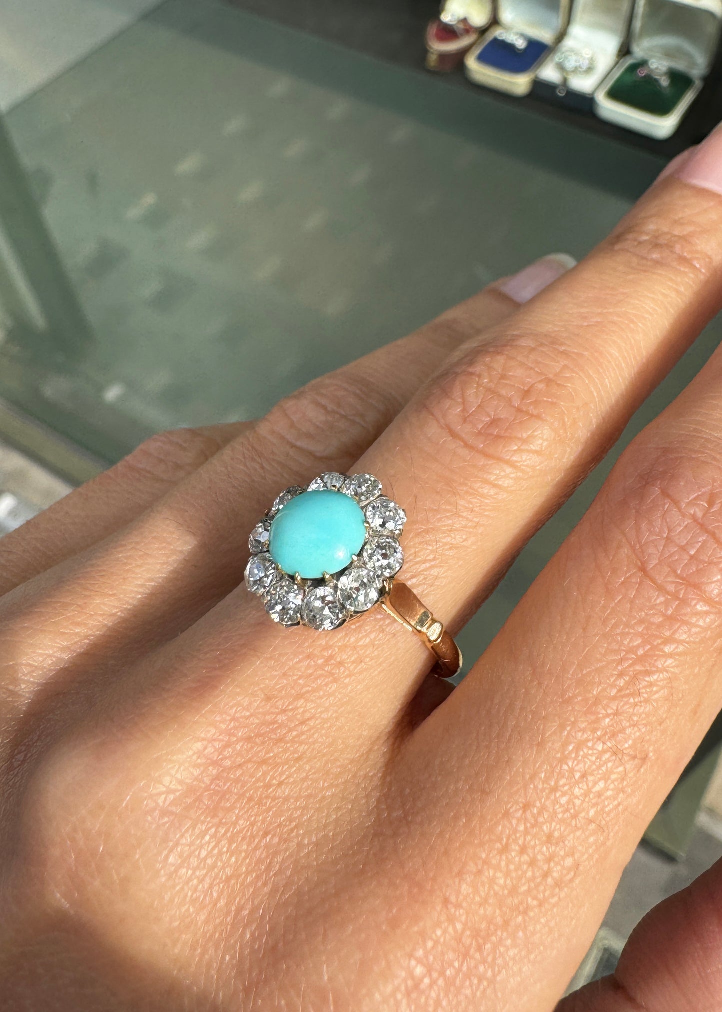 Cabochon Turquoise & Old Cut Diamond 18K Gold and Platinum Coronet Cluster Ring