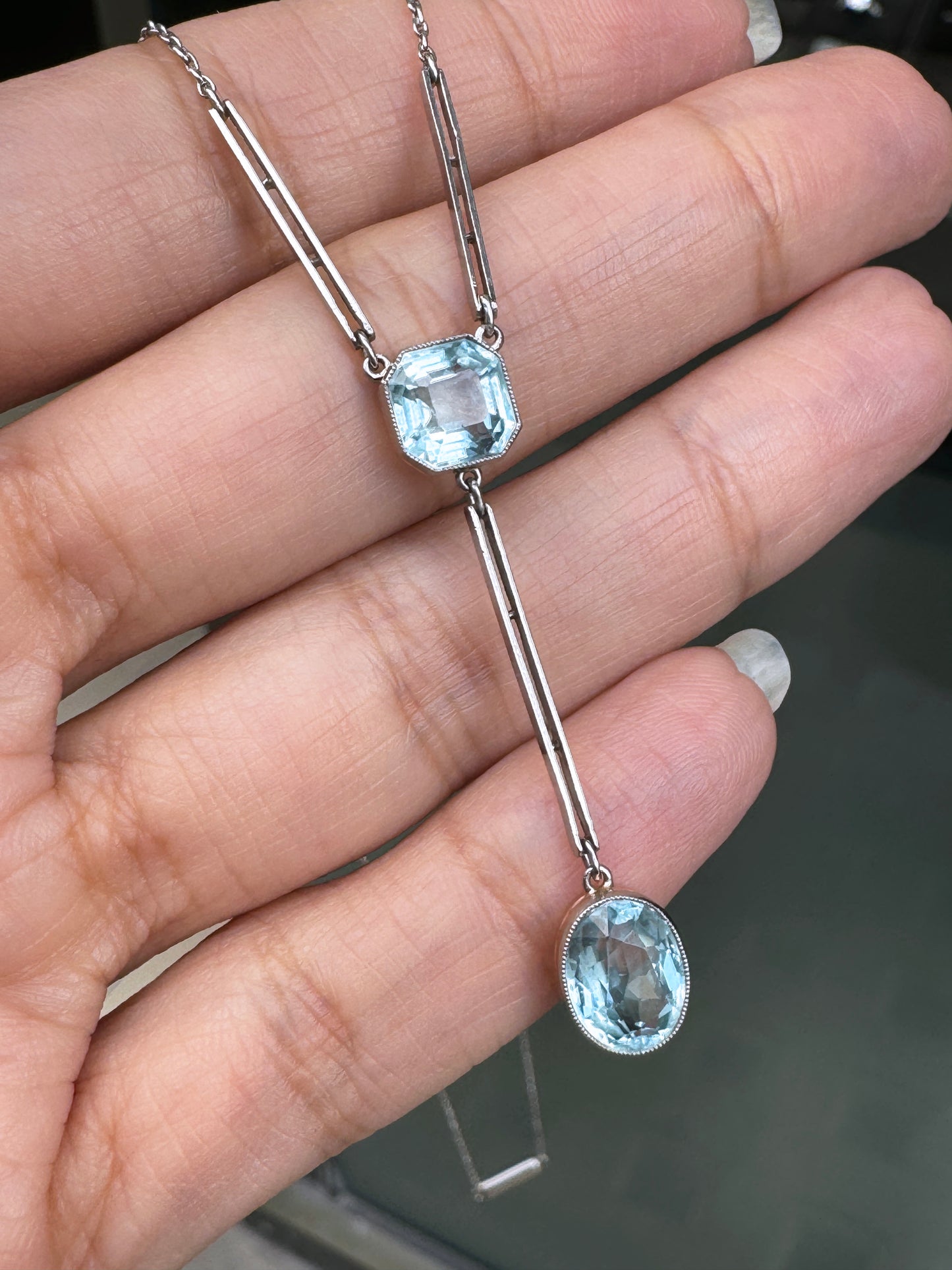 1920's Aquamarine and Palladium Drop Necklace