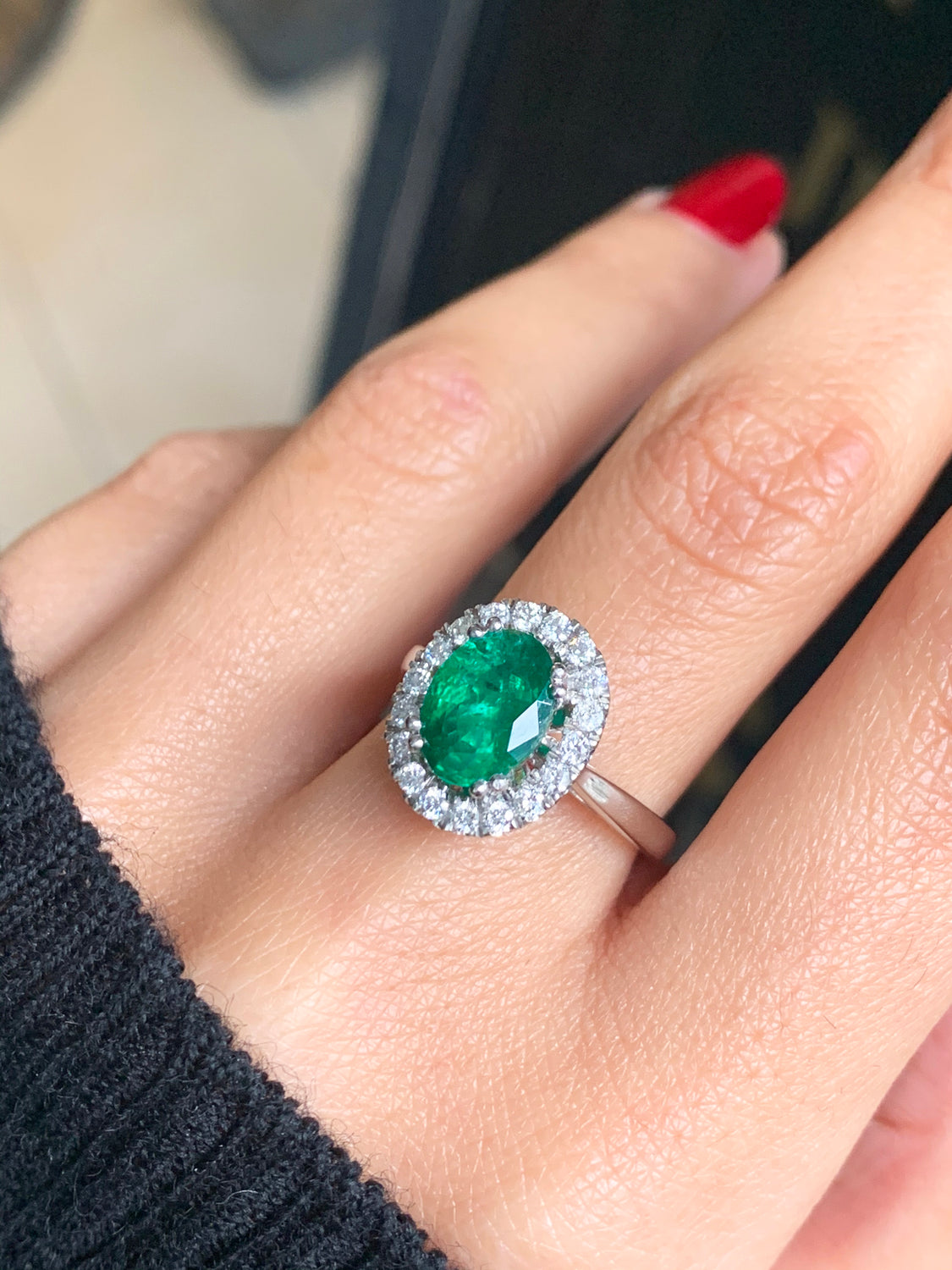 1.83 Carat Emerald and Diamond Platinum Cluster Engagement Ring