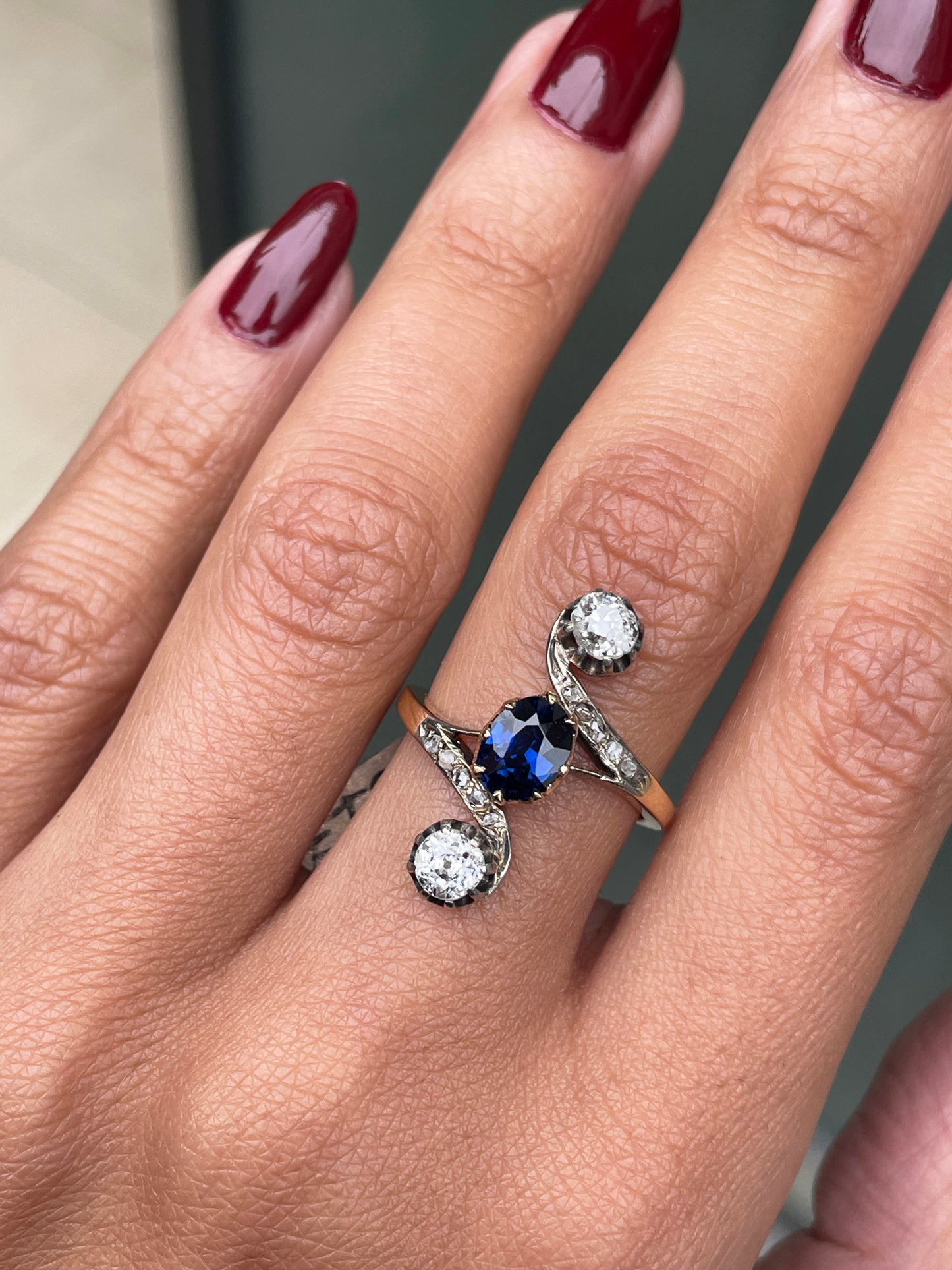 1.04 Carat Oval Sapphire and Old Mine Cut Diamond Three-Stone Ring, Circa 1890
