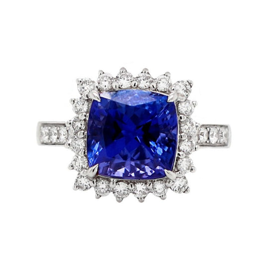 4.20 Carat Cushion Tanzanite and Diamond 18 Carat White Gold Ring