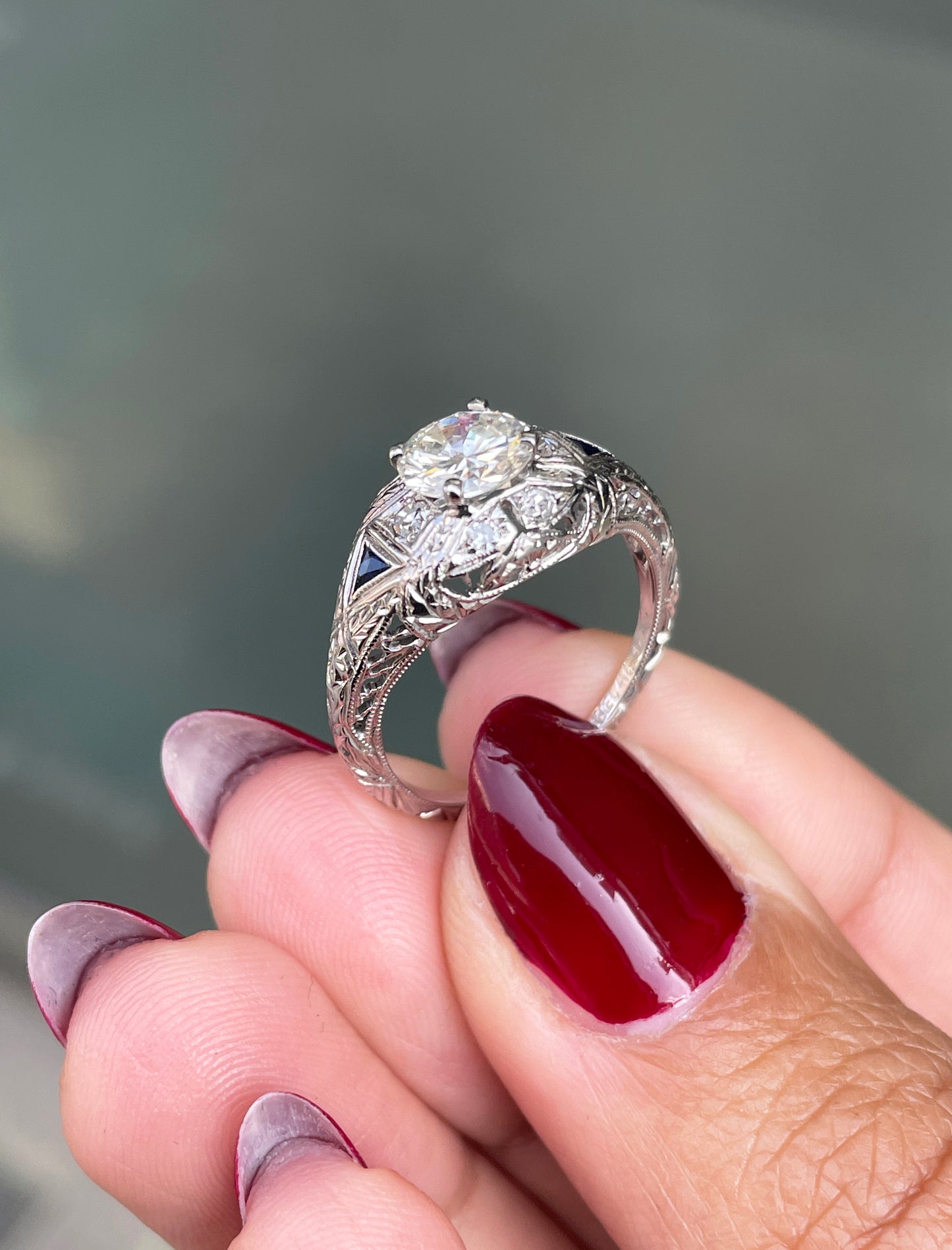 0.85ct Diamond Art Deco Carved Platinum Engagement Ring