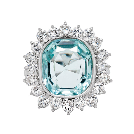 Aquamarine and Diamond Platinum Cluster Dress Ring