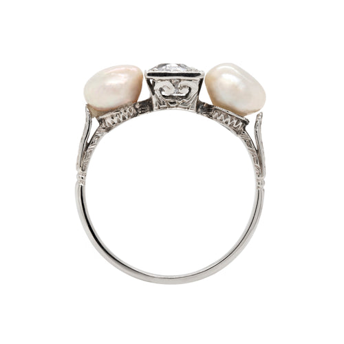 Antique Old Cut Diamond and Natural Pearl 18 Carat White Gold Ring, Circa 1920s