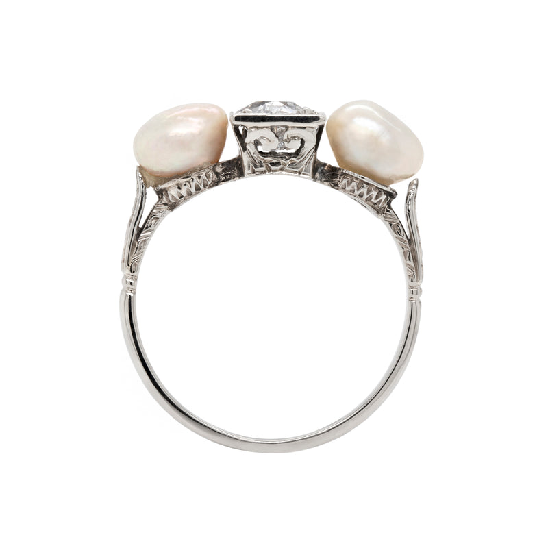 Antique Old Cut Diamond and Natural Pearl 18 Carat White Gold Ring, Circa 1920s