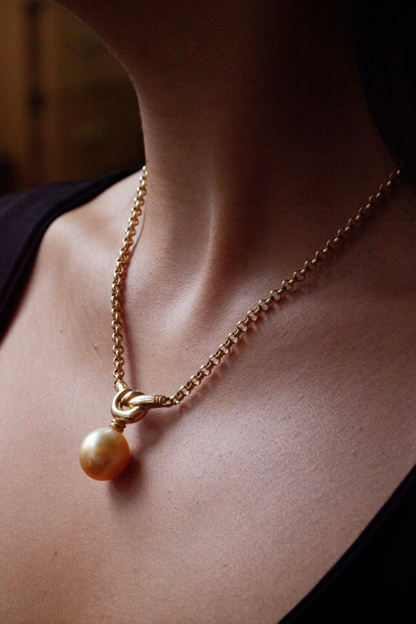 Golden Cultured Pearl and 18 Carat Yellow Gold Love Knot Pendant Necklace