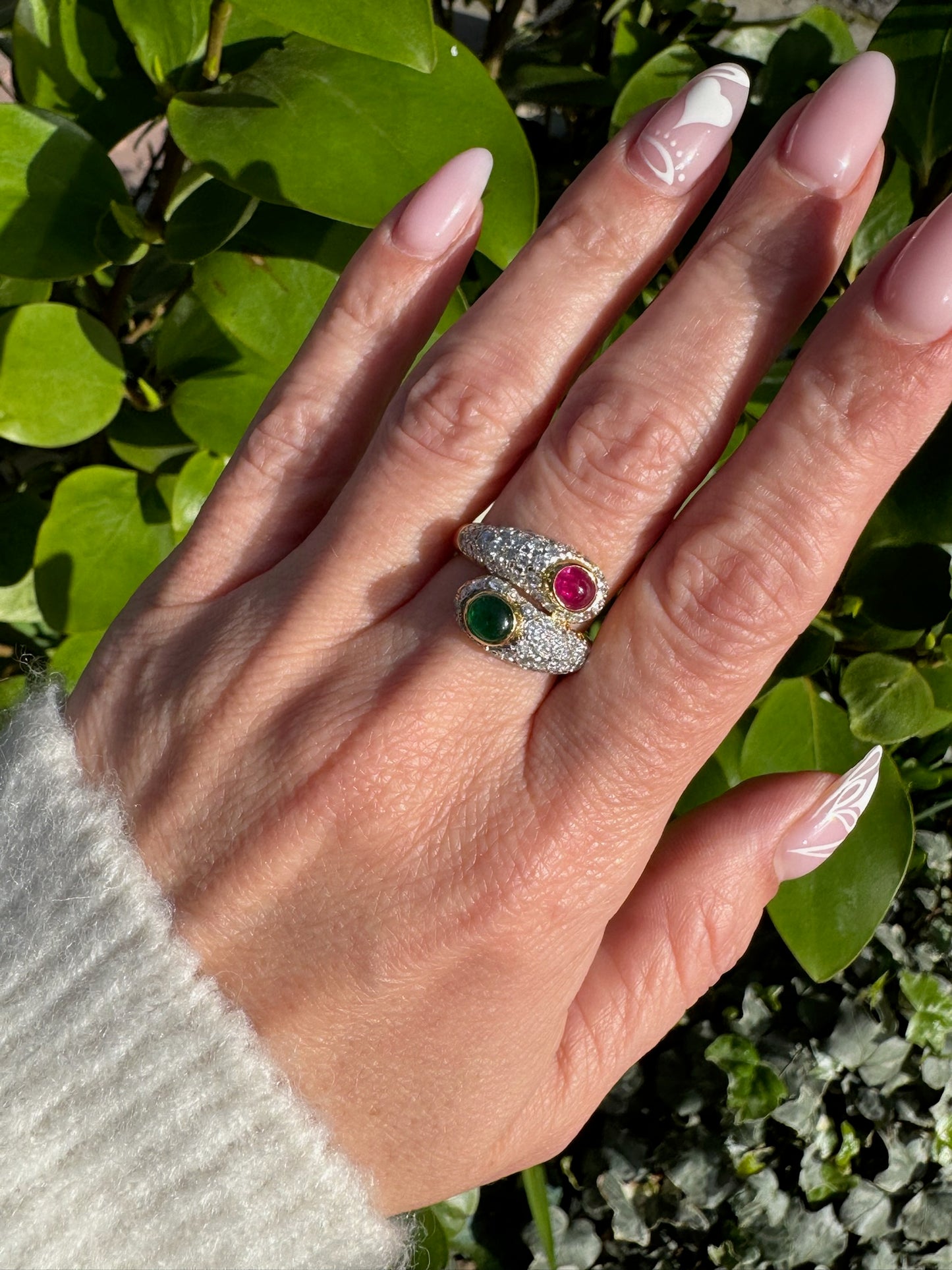 Ruby, Emerald and Diamond Toi et Moi Crossover Cocktail Ring in 18K Yellow Gold